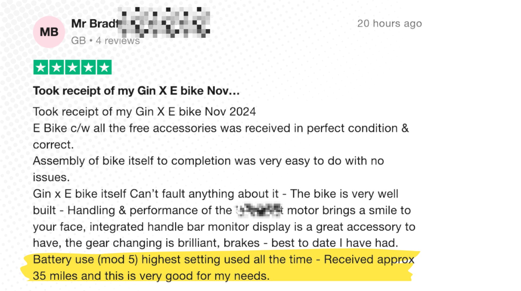 Customer review: on the highest setting I get 35 miles